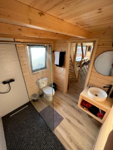 a small bathroom with a toilet and a sink at Wood11 - Charming TinyHouse in a Lovely Garden in Santa Bárbara de Nexe