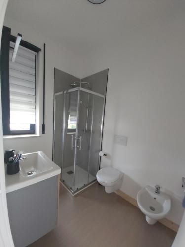 a bathroom with a shower and a toilet and a sink at CASALIDIA monolocale in Valli del Pasubio