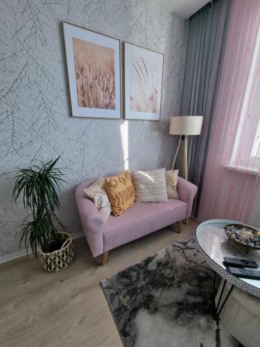 uma sala de estar com um sofá rosa e uma mesa em ALPHA Apartman Malacky em Malacky