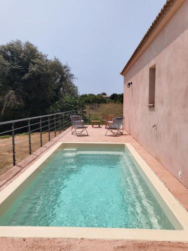 - une piscine avec 2 chaises à côté d'un bâtiment dans l'établissement Gite Capparone 1, à Bastelicaccia