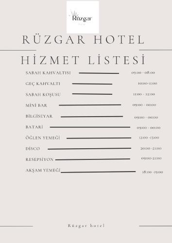a list of the names of the rooms in a hotel at Rüzgar Hotel in Canakkale
