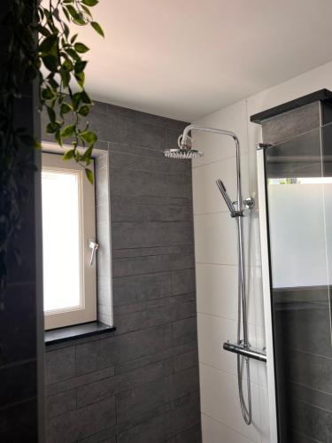 a bathroom with a shower with a window and a glass door at Casa Xabia in Zaandam