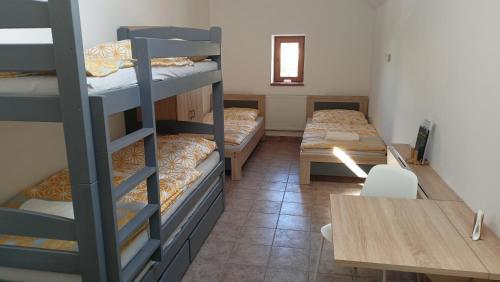Cette chambre comprend 3 lits superposés et une table. dans l'établissement Apartmán a vinný sklep - Víno Gallus, à Znojmo