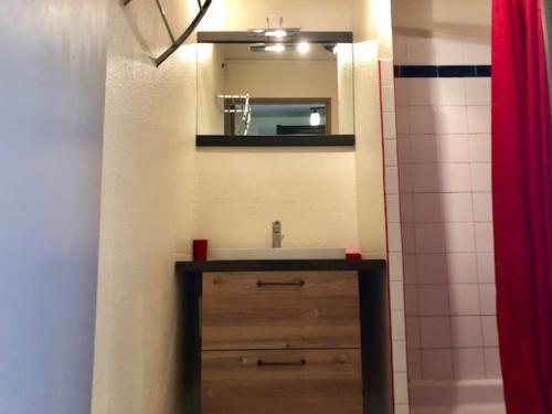 une salle de bain avec un lavabo et un miroir dans l'établissement Studio 318, Port Vénus au village naturiste, au Cap d'Agde