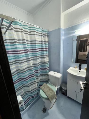 a bathroom with a toilet and a shower curtain at Lerna Rooms in Myloi