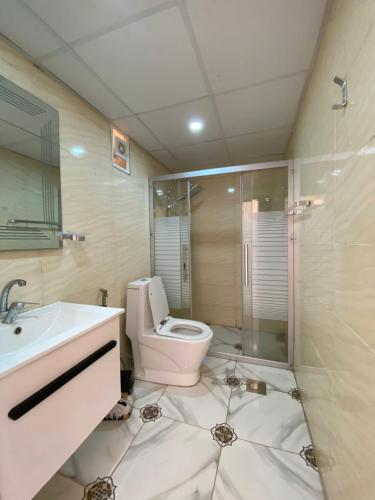 a bathroom with a toilet and a sink and a shower at Katrina Rum camp in Wadi Rum