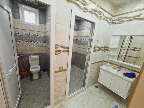 a bathroom with a shower and a toilet and a sink at Yasin White villa in Gabala