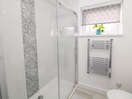 uma casa de banho com um chuveiro e uma porta de vidro em Harry's Lodge em Chesterfield