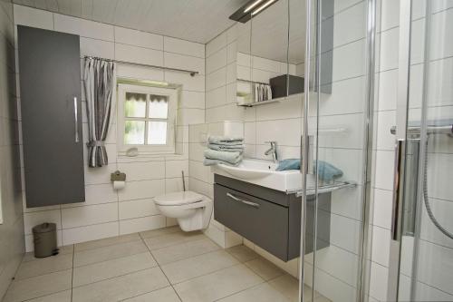 Neuendorfにあるstrandnahe Idylle am Meer, private Badestelle mit Strandkorb - Gutshof Ostseeblick FeWo Nr 04の洗面台、トイレ、シャワー付きのバスルーム