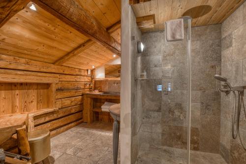 a bathroom with a shower and a shower stall at Le Vieux Chalet in La Clusaz