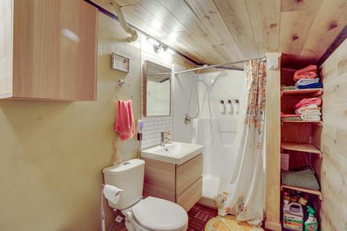 Rock River Hideaway on Private 5-Acre Island! في Oregon: حمام صغير مع مرحاض ومغسلة