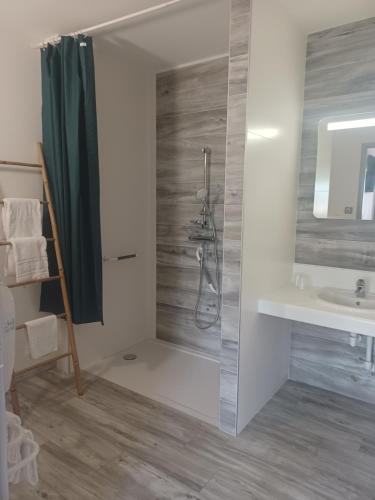 a bathroom with a shower and a sink at Hôtel La Parenthèse in Attignat