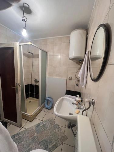 La salle de bains est pourvue d'une douche, d'un lavabo et d'un miroir. dans l'établissement Purple Eye Camp & Winery, à Podgorica