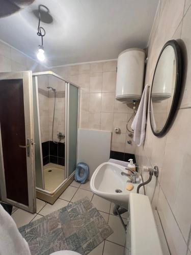 a bathroom with a shower and a sink and a mirror at Purple Eye Camp & Winery in Podgorica