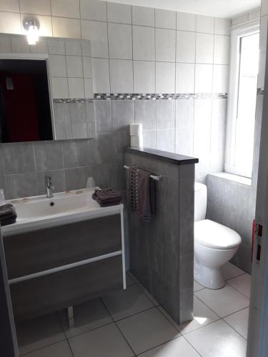 une salle de bain avec une baignoire, des toilettes et un lavabo dans l'établissement L'amarante chambres d'hôtes villefranche de panat, à Villefranche-de-Panat
