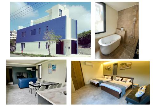 a collage of four pictures of a building at Sky Blue Villa沖縄 in Jima