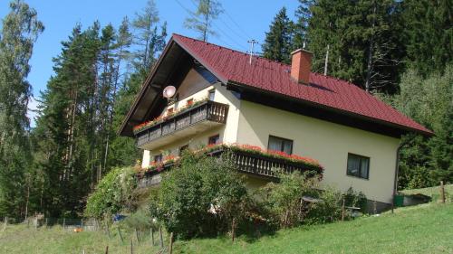une maison avec un toit rouge sur une colline dans l'établissement Haus Königshofer, à Sankt Kathrein am Hauenstein