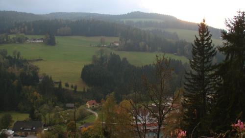 Blick auf ein grünes Tal mit Bäumen und Häusern in der Unterkunft Haus Königshofer in Sankt Kathrein am Hauenstein