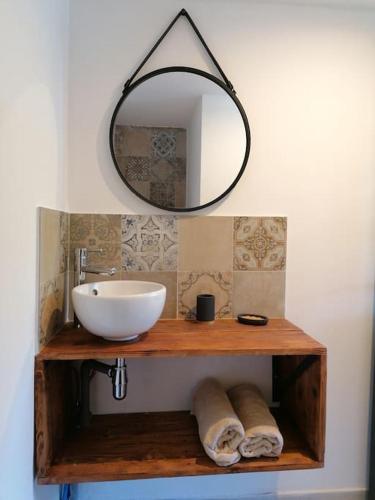 La salle de bains est pourvue d'un lavabo et d'un miroir sur une étagère. dans l'établissement Meublé chaleureux en Provence, à Cheval-Blanc