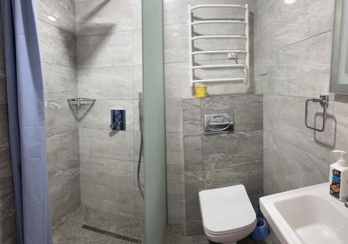 y baño con ducha, aseo y lavamanos. en Hotel Intourist, en Mukácheve