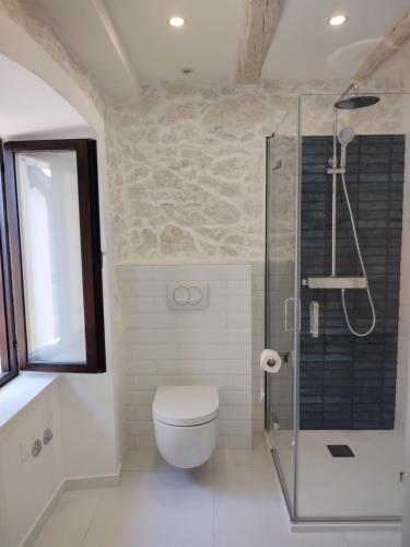 a bathroom with a toilet and a glass shower at NEBOKRAJ in Kraj