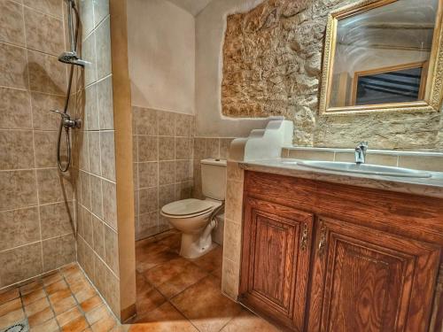 uma casa de banho com um WC, um lavatório e um chuveiro em Maison au Calme avec Piscine en Provence em Carpentras