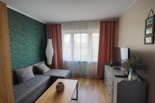 a living room with a couch and a tv at Dream Team Bocianowo in Bydgoszcz