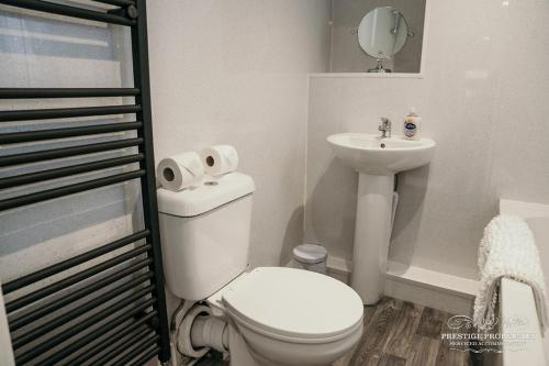 Baño blanco con aseo y lavamanos en Fell Croft by Prestige Properties SA, en Dalton-in-Furness