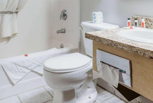 a bathroom with a white toilet and a sink at Travelodge by Wyndham Worland in Worland