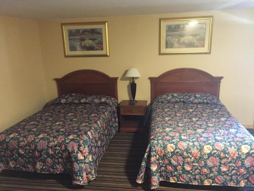 Una habitación de hotel con dos camas y una lámpara. en Budget Inn - Cambridge, en Fairdale