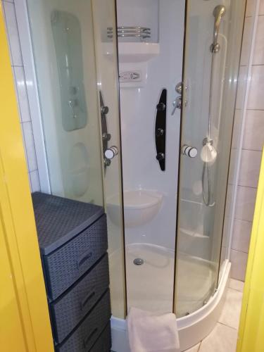 un bagno con doccia e lavandino di Studio apartman Laca a Šibenik