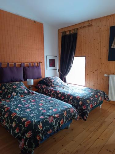 une chambre avec deux lits et une fenêtre dans l'établissement Au Chat Perché, à Aix-la-Fayette