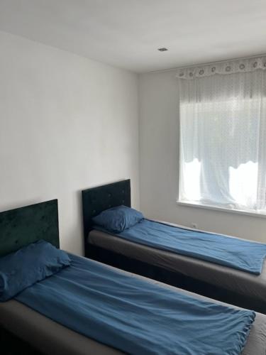 a bedroom with two beds with blue sheets and a window at Wiking in Turawa