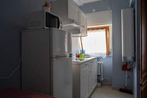 a kitchen with a refrigerator with a microwave on top of it at Nuovi bilocali Panta Rei - Suite dell'Aria in Senigallia