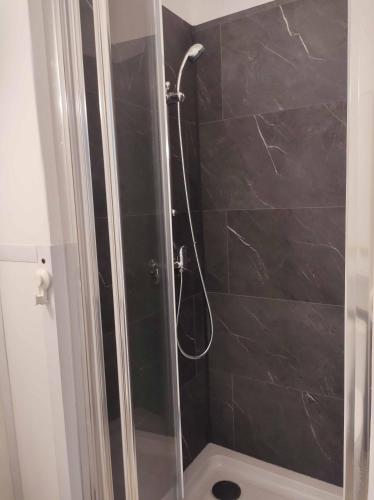 une douche avec une porte vitrée dans une salle de bain dans l'établissement Au bord de la Sioule, à Menat