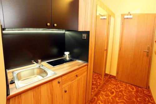 a kitchen with a sink and a counter top at Hotel Zlatá Včela in Domažlice