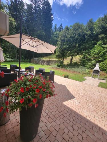 a patio with an umbrella and some chairs and flowers at Apartamenty Willove Wzgórze in Duszniki Zdrój