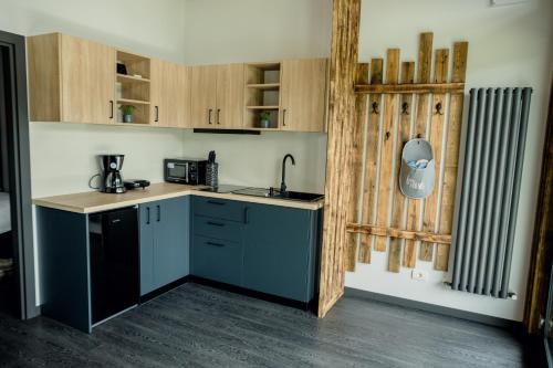a kitchen with a sink and a counter top at Tiny House Todireni in Vatra Dornei