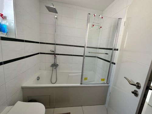 a bathroom with a shower and a tub and a toilet at Résidence Foch in Lingolsheim