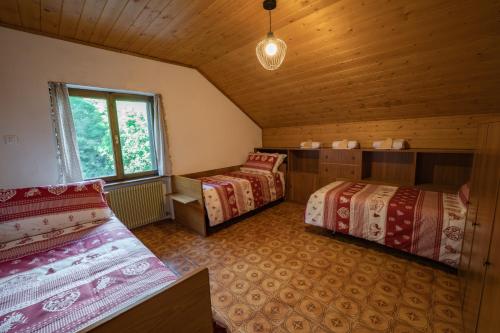 1 dormitorio con 2 camas y una ventana en una cabaña en La Finestra sui Monti - Alpine Stay Apartments, en Cavalese