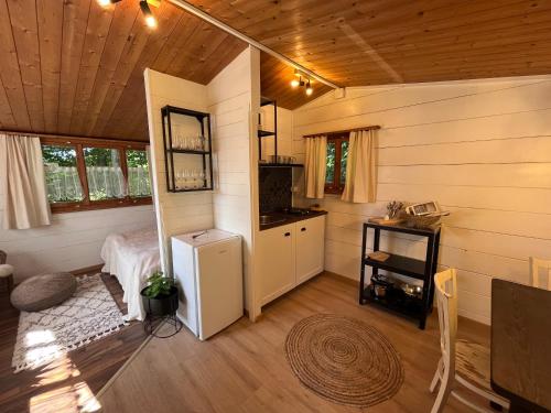a small room with a kitchen and a bedroom at Campingplatz Mittagsspitze in Triesen
