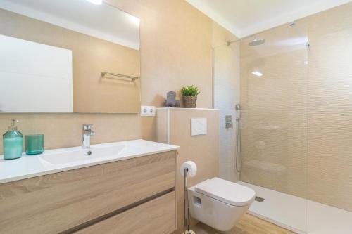 ein Bad mit einem WC, einem Waschbecken und einer Dusche in der Unterkunft Ona 1 in Cacla D'or