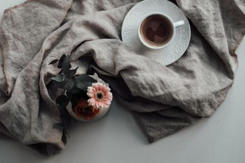 a cup of coffee and a flower on a blanket at Layer Residences in Kranj