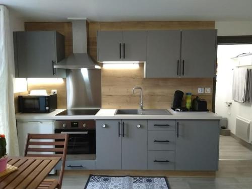 une cuisine avec un évier et une cuisinière dans l'établissement Arbois: très beau studio place de la Liberté, à Arbois