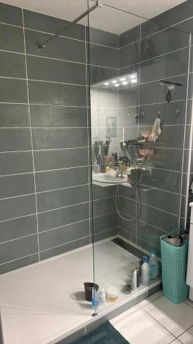 une douche avec une porte vitrée dans une salle de bain dans l'établissement Appartement Vintage 90 m2 DUPLEX classé, à Fréjus