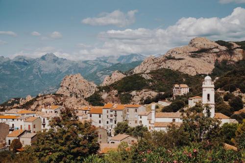 una ciudad en una colina con montañas en el fondo en Résidence de la Tour, en Piana