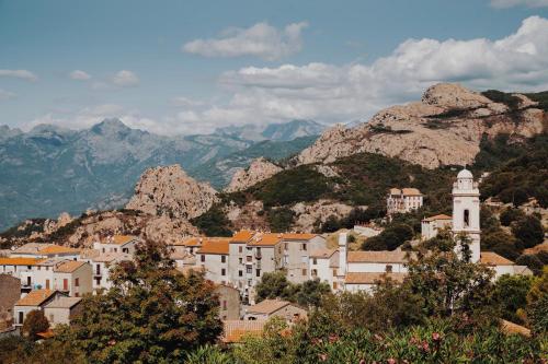 a town on a hill with mountains in the background at Résidence de la Tour in Piana