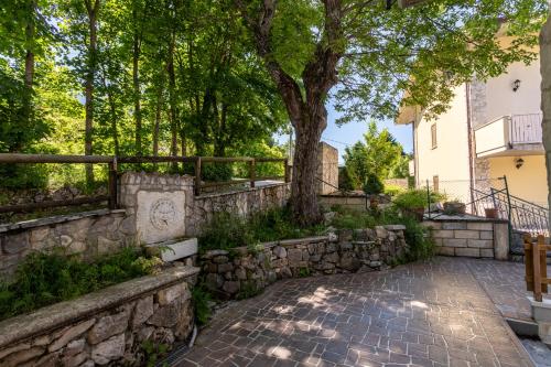 a stone retaining wall and a tree in a yard at Casa vacanze “Le noci” in SantʼEufemia a Maiella