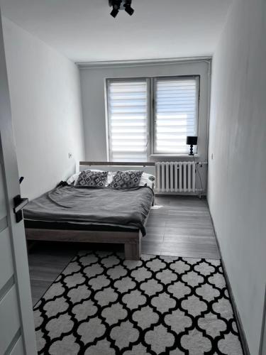 una camera con letto, finestra e tappeto di Apartament 33 a Bełchatów