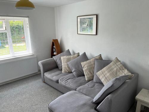 a living room with a gray couch and a window at Spacious one bed apartment in a quiet leafy close. in Barnstaple